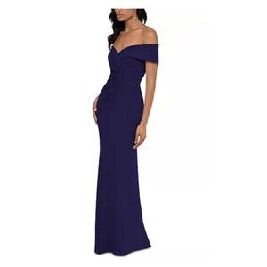 Xscape Womens Sz 8 Off-The-Shoulder Scuba Crepe Ruched Gown Navy Blue Bridesmaid